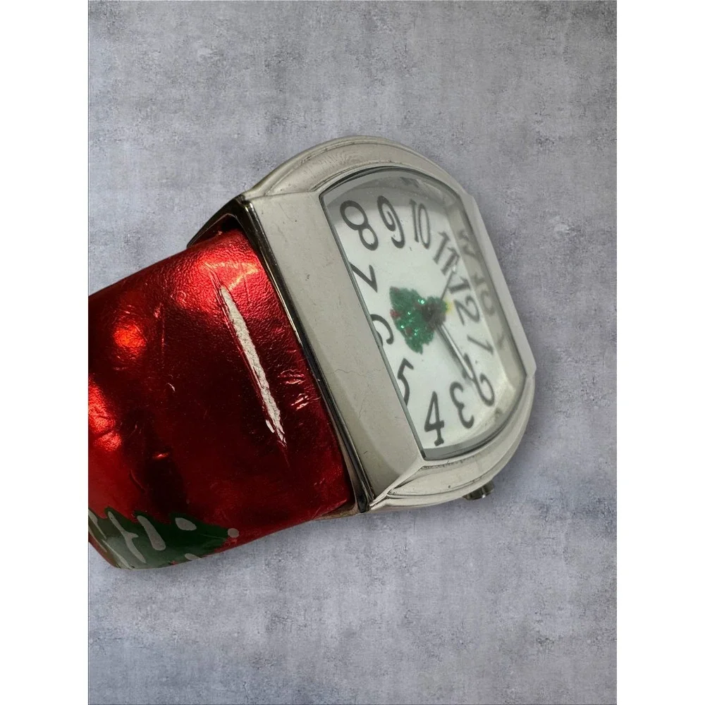 Accutime Christmas Tree Cuff Watch Womens Red Silver Fair Holiday Novelty